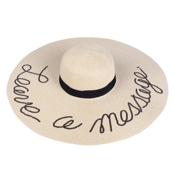 NWT A&O Women's  LEAVE A MESSAGE Sequin Lettering Wide Brim Straw Floppy Sun Hat - Picture 3 of 6